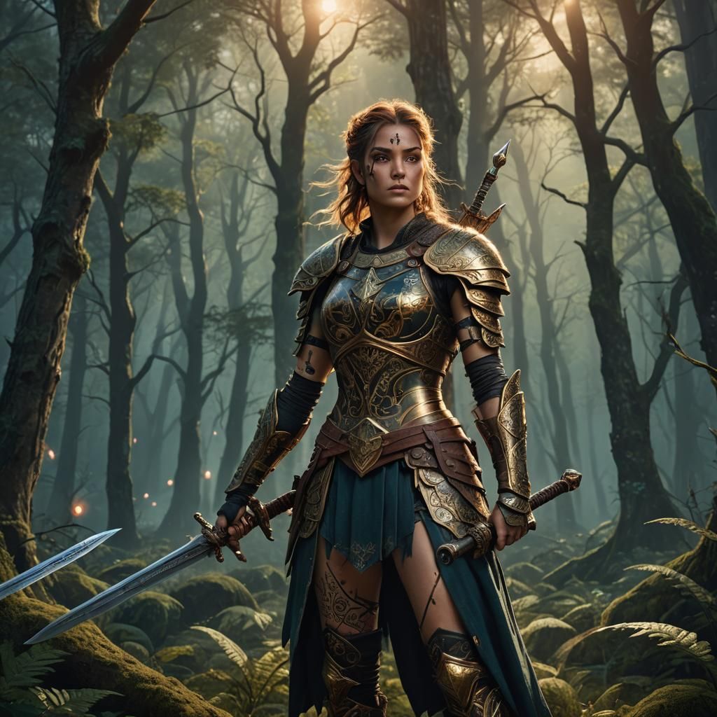 Mystical Female Warrior in Moonlit Forest: Fantasy Art