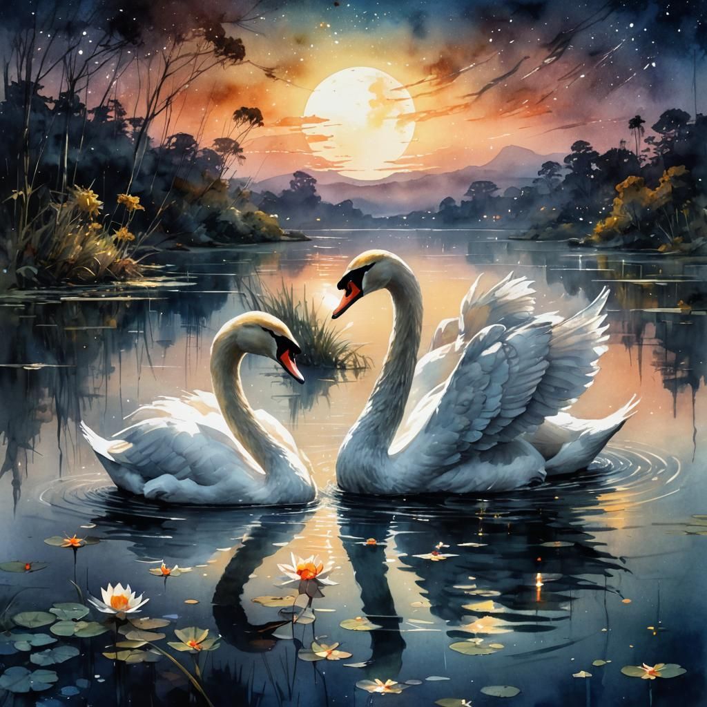 Swan on Moonlit Waters: Digital Watercolor Illustration