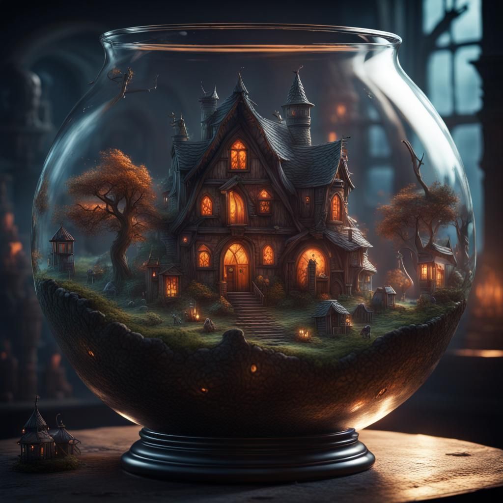 Spooky Village with Scary Creatures in Glass Bowl
