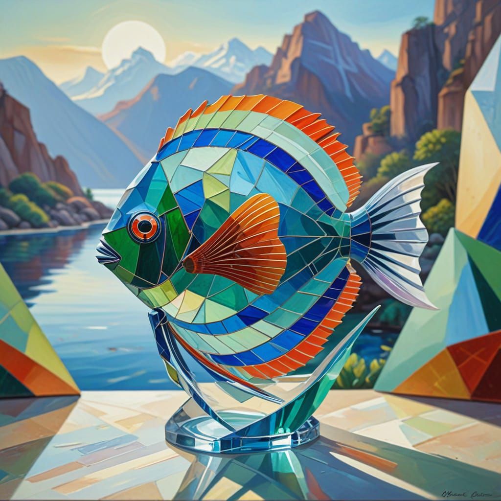 Multi-Colored Sea Glass Angel Fish Statue in Cubist Style