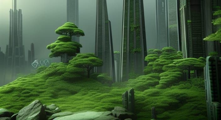 Japanese Garden Reclaims Skyscraper Ruins: Dark Fantasy Art