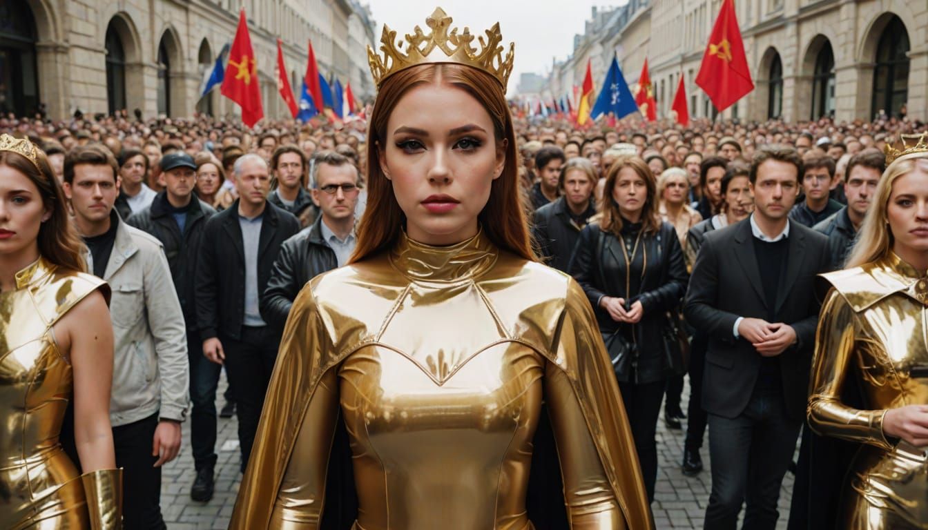 Golden Goddess in Latex Attire Reigns Over Vibrant Crowd