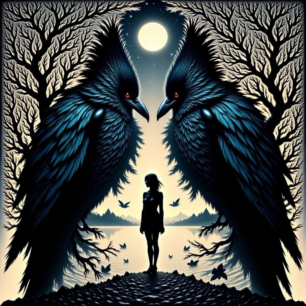 Surreal Double Exposure with Dark Atmosphere and Woodcut Sty...