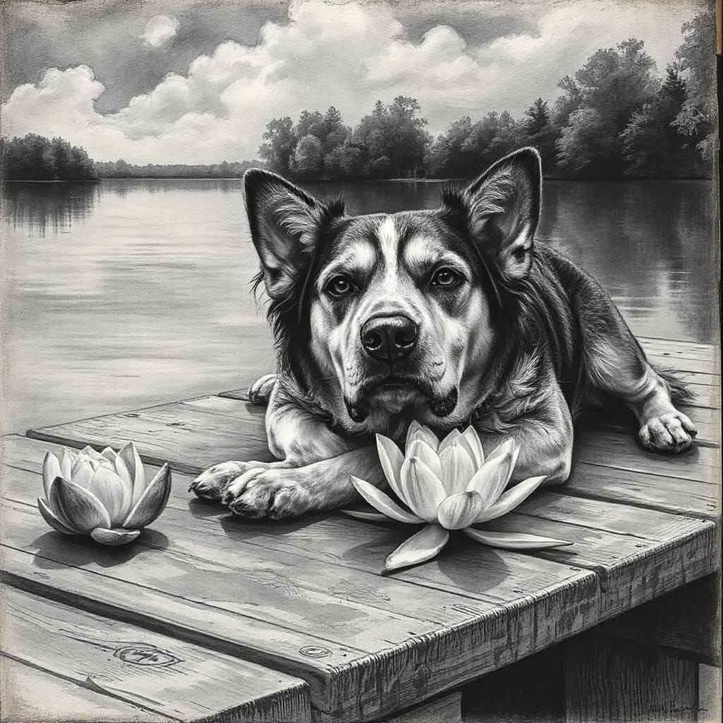 Dog Reaches for Lotus Flower on Dock, Charcoal Art
