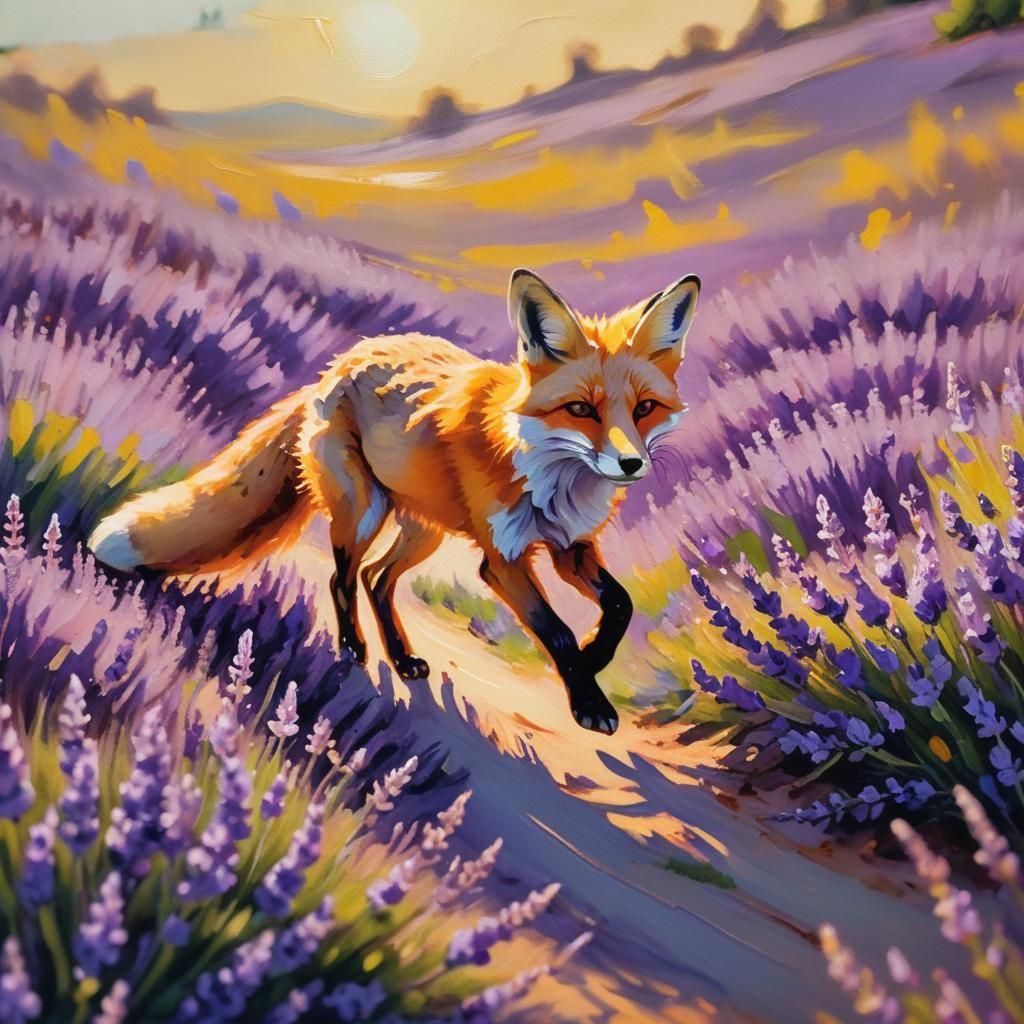 Fox Runs Through Lavender Field as Oil Painting