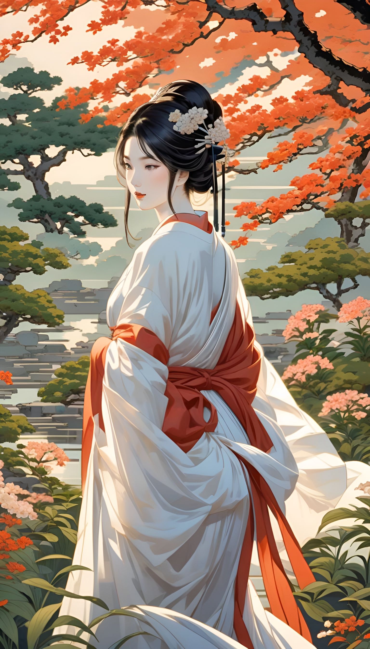 Elegant Japanese Lady in Serene Ukiyo-e Garden