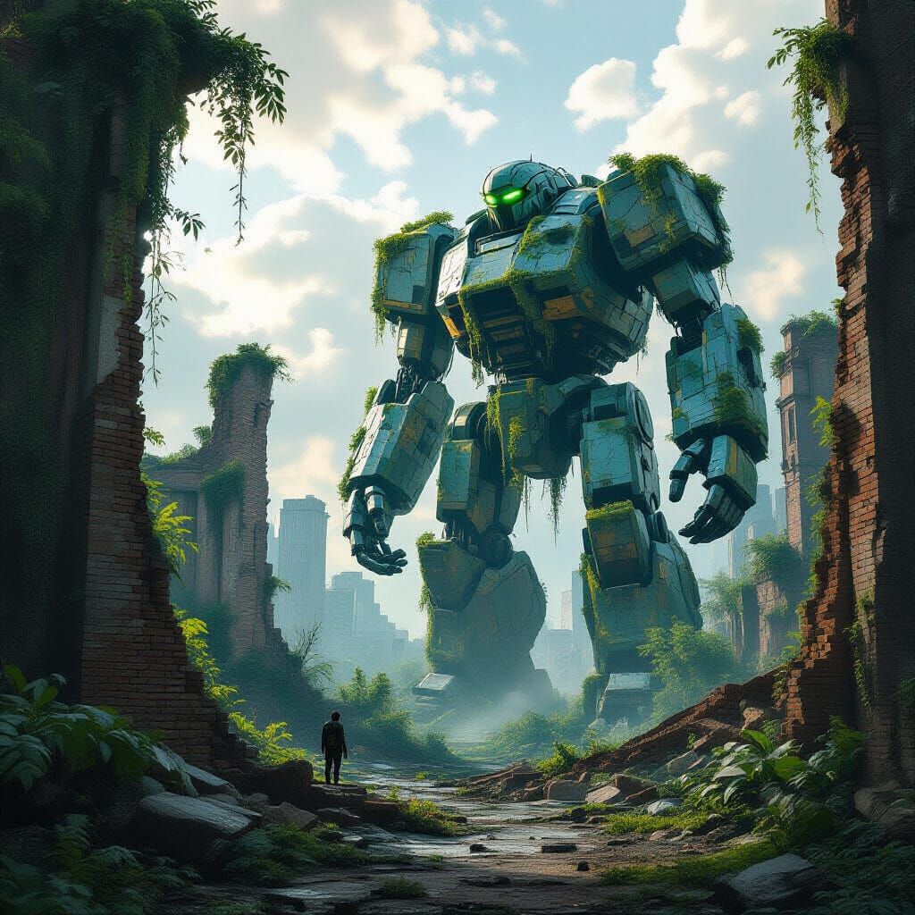 Giant Robot Reclaimed by Nature in Post-Apocalyptic Jungle