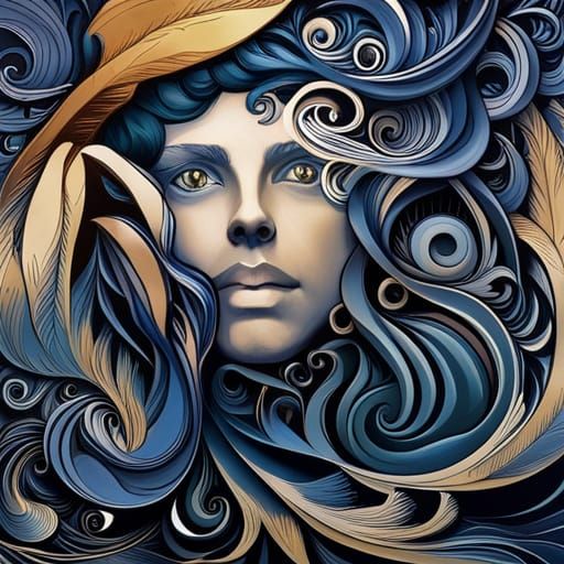 Elaborate Cat Portrait with Art Nouveau Scrollwork