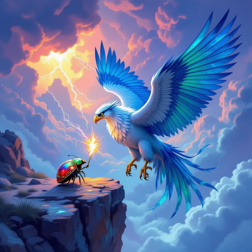 Thunder Griffin with Spark Beetle in Surreal Celestial Realm