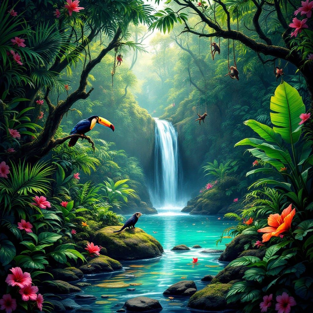 Create a unique, award-winning image that transports the viewer into the heart of a lush rainforest, teeming with vibran...
