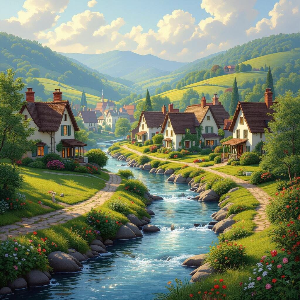 Cozy Village Amidst Rolling Hills and Sparkling Streams