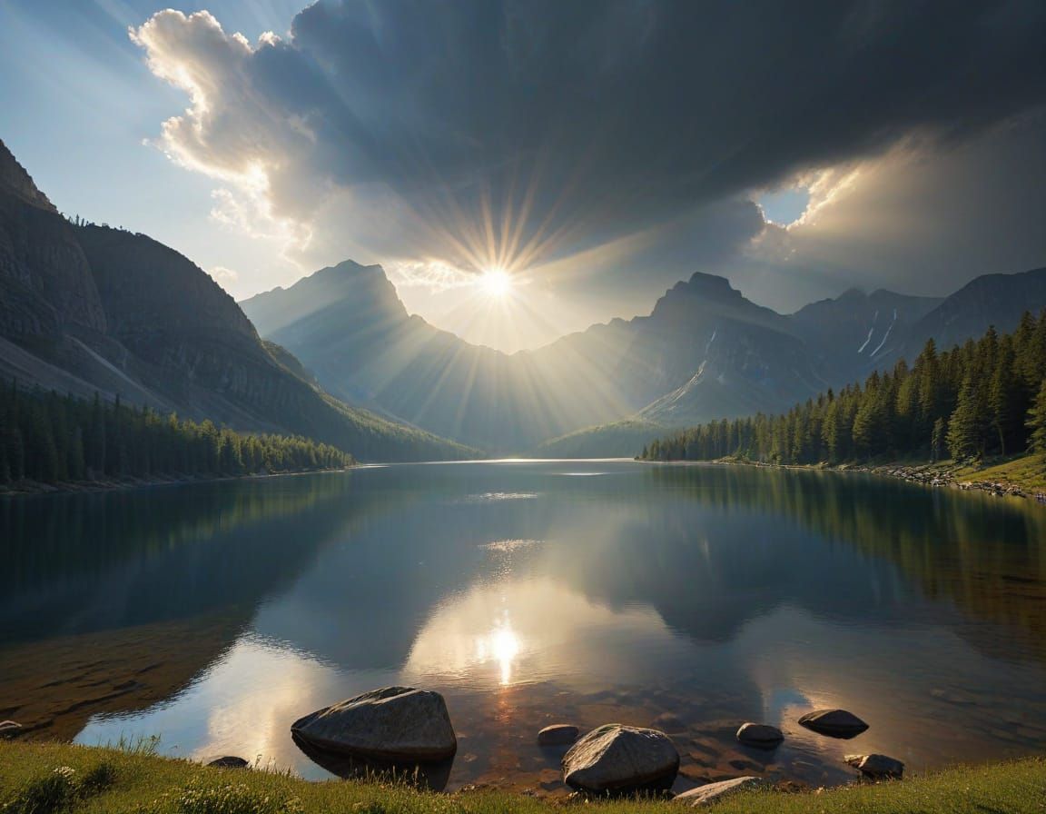 Mountain Lake at Twilight with Sunshine Rays