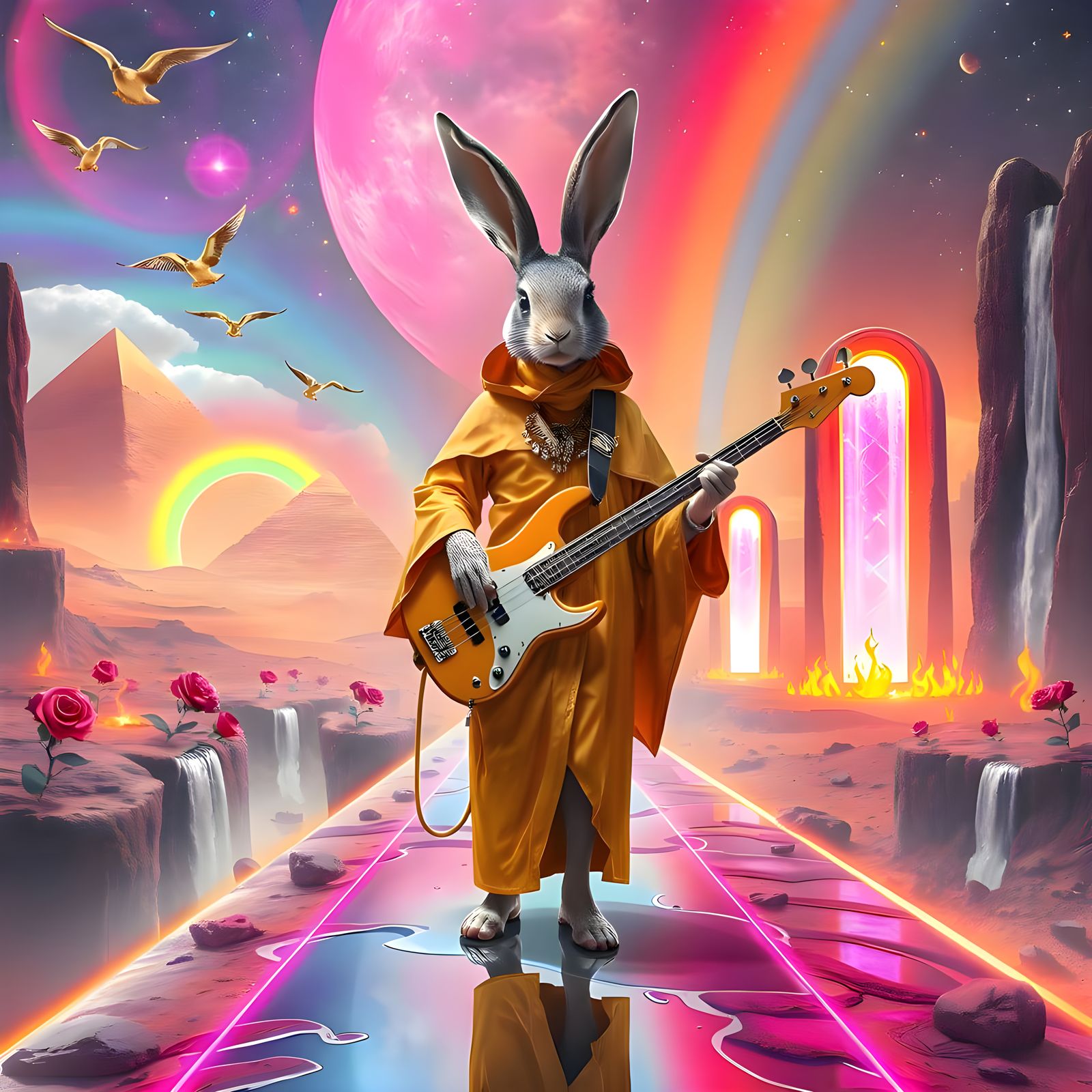 Rabbit Queen with Bass Guitar in Surreal Desert