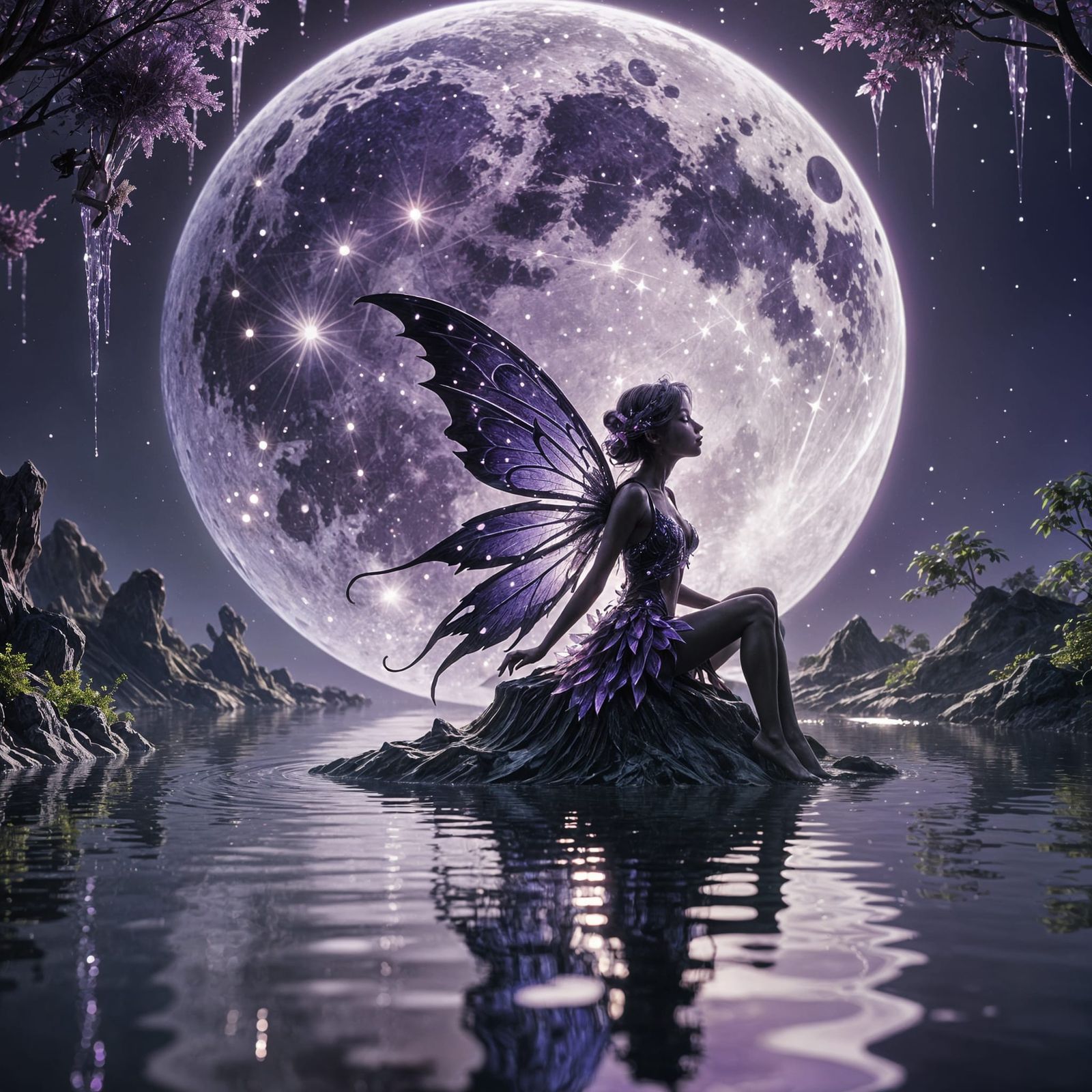 Fairy Silhouette Under Purple Moon as Fine Art