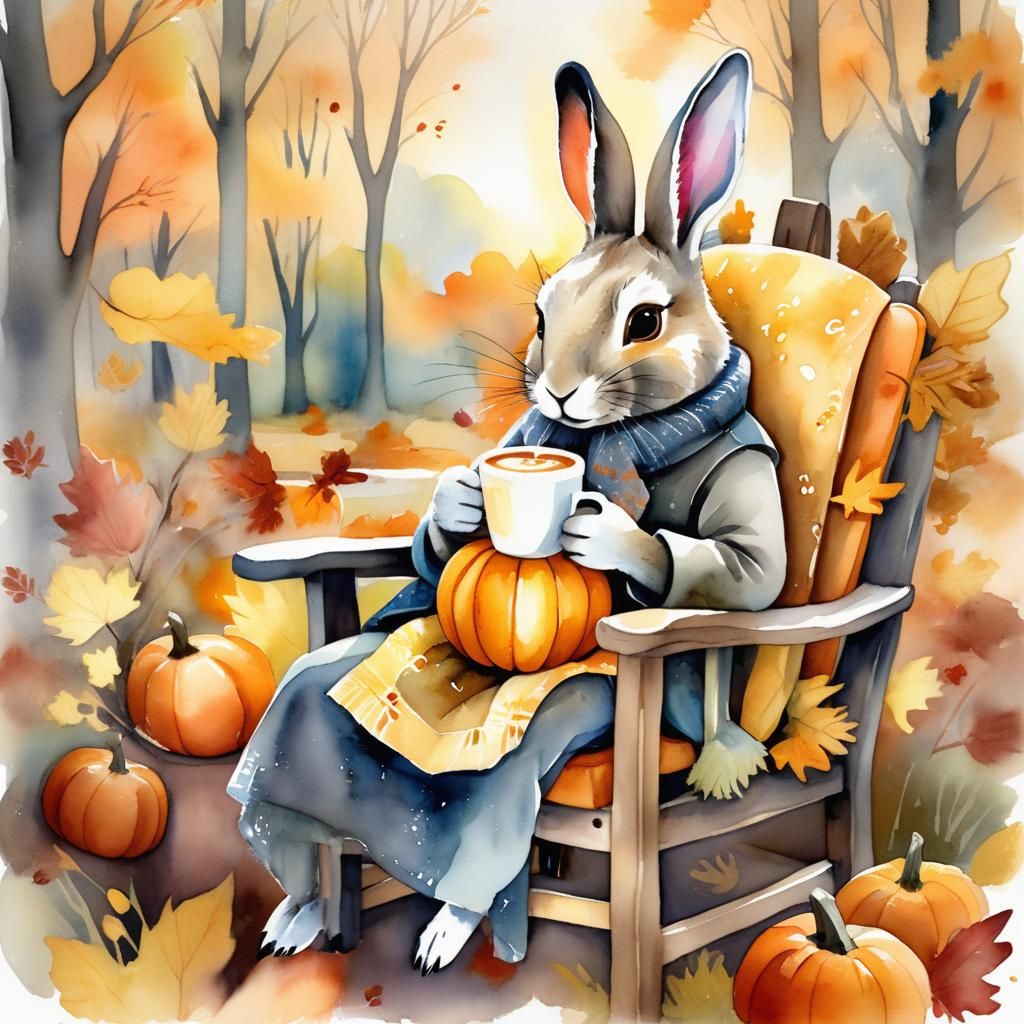 Cozy Autumn Rabbit with Pumpkin Latte