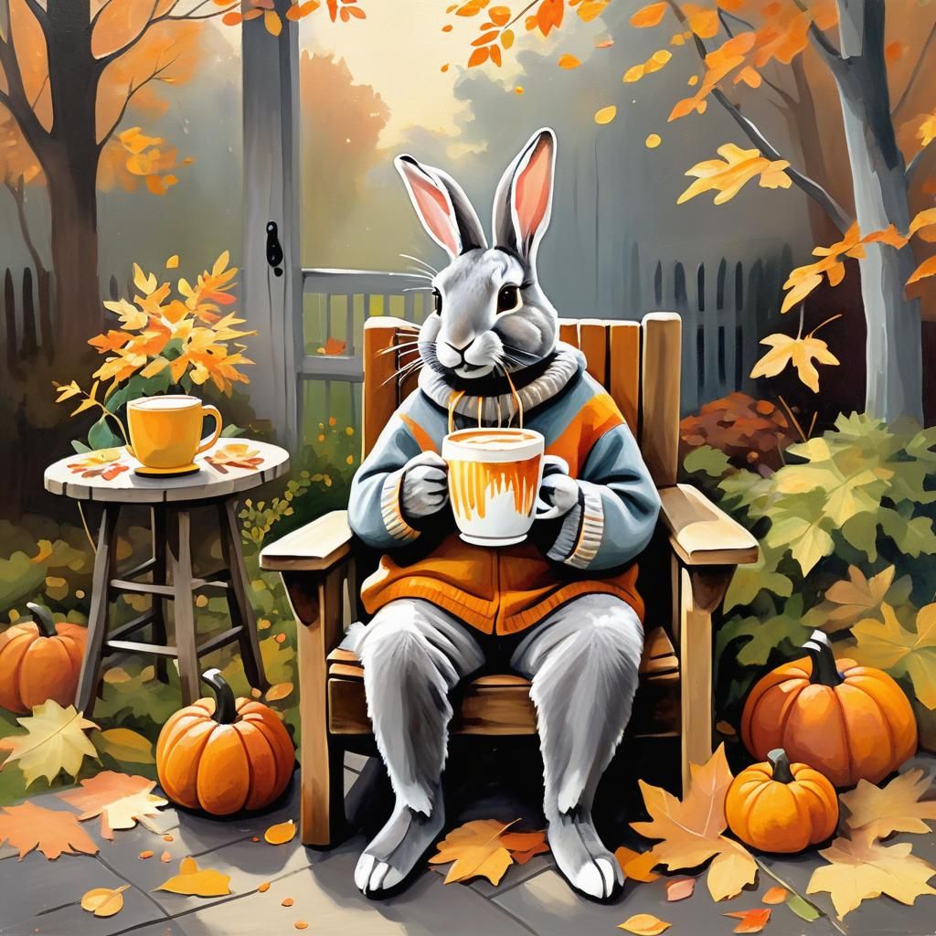 Rabbit Sipping Latte in Autumn Backyard Painting
