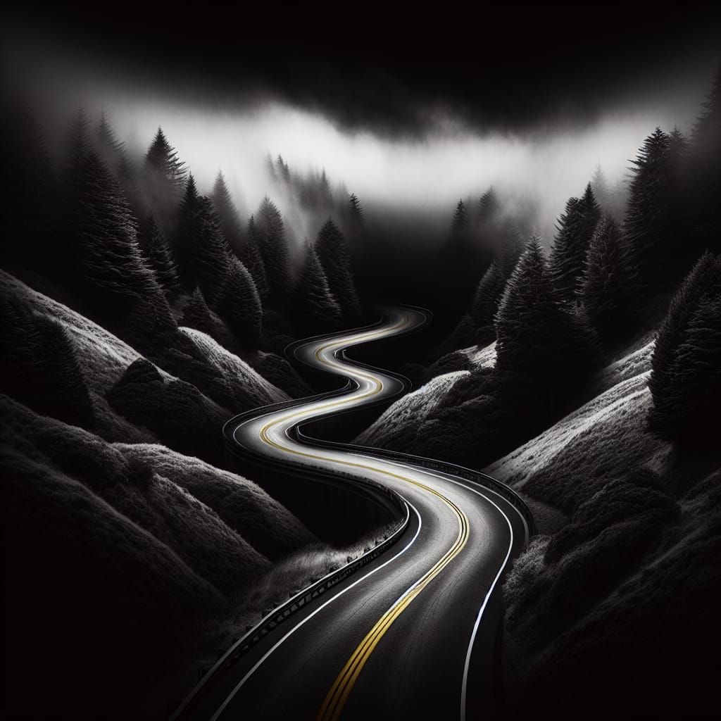 Mysterious Winding Road at Dusk in Atmospheric Black and Whi...