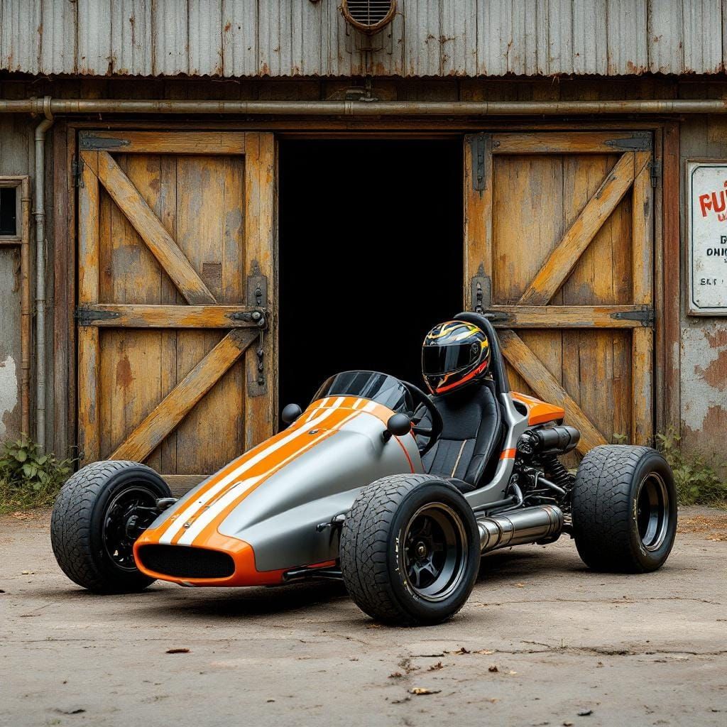 Sleek Go-Kart Parked in Front of Rustic Garage