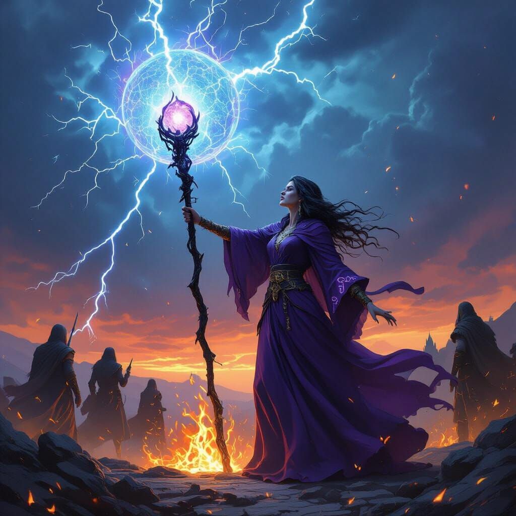 Dark Fantasy Sorceress Empowers Staff with Lightning