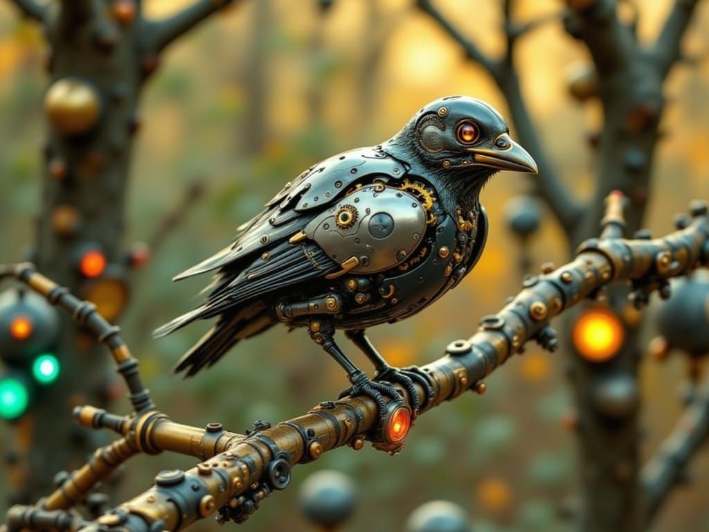 Biomechanical Bird in Clockwork Forest