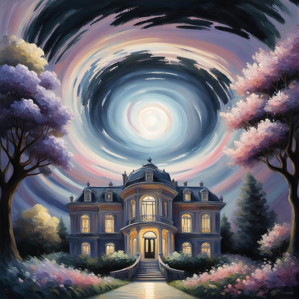 Impressionist Painting of a Colorful Mansion in Vibrant Bloo...