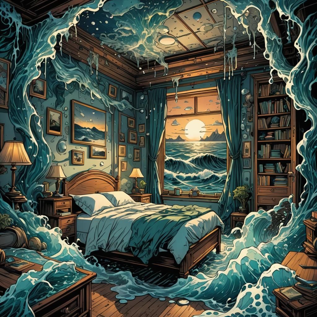 Bedroom Melts to Ocean in Comic Book Art