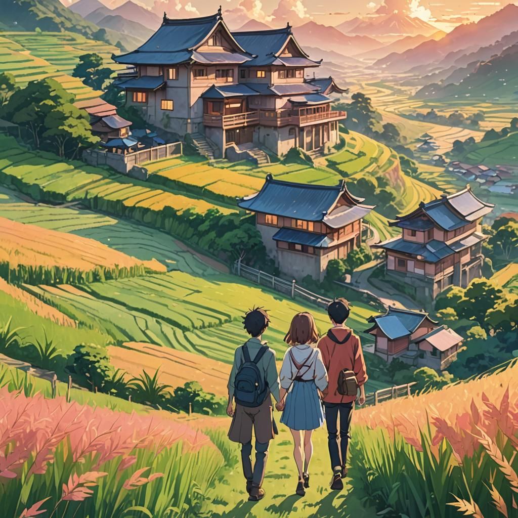 Romantic Anime Couple Strolling Through Rice Fields
