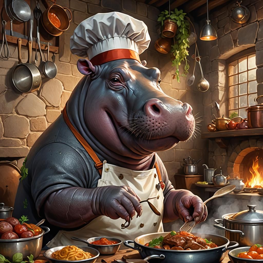 Hippo Chef Cooks Gourmet Meal as Digital Art