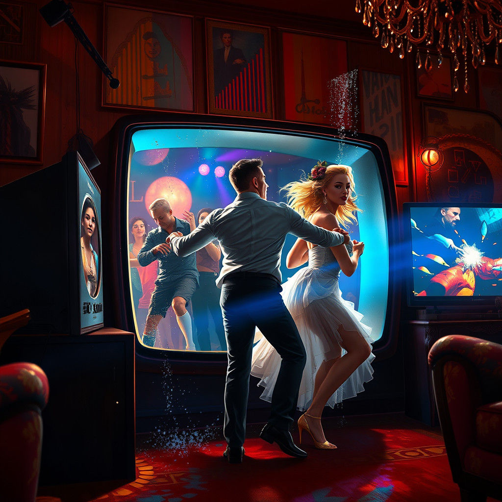 Figures Dancing Out of Television, Hyperrealistic Splash Art