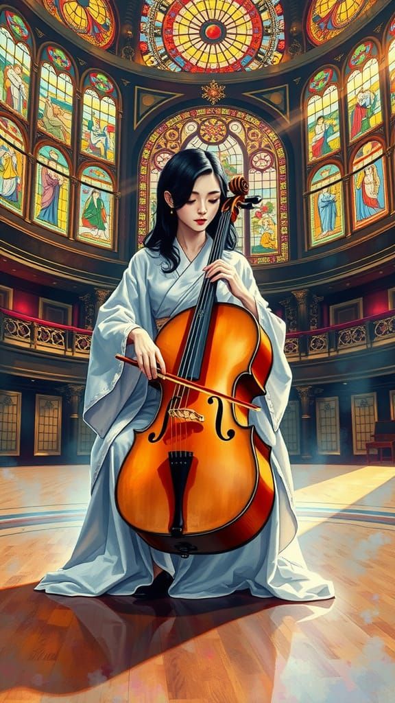 Elegant Woman Playing Cello in Manga Style