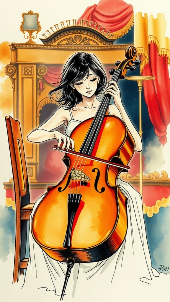Cello Player in Music Hall: Japanese Manga Watercolor