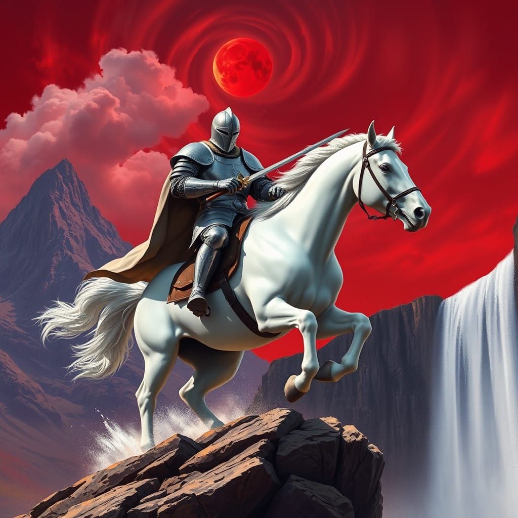 Hyperrealistic Knight on Horseback in Majestic Mountain Land...