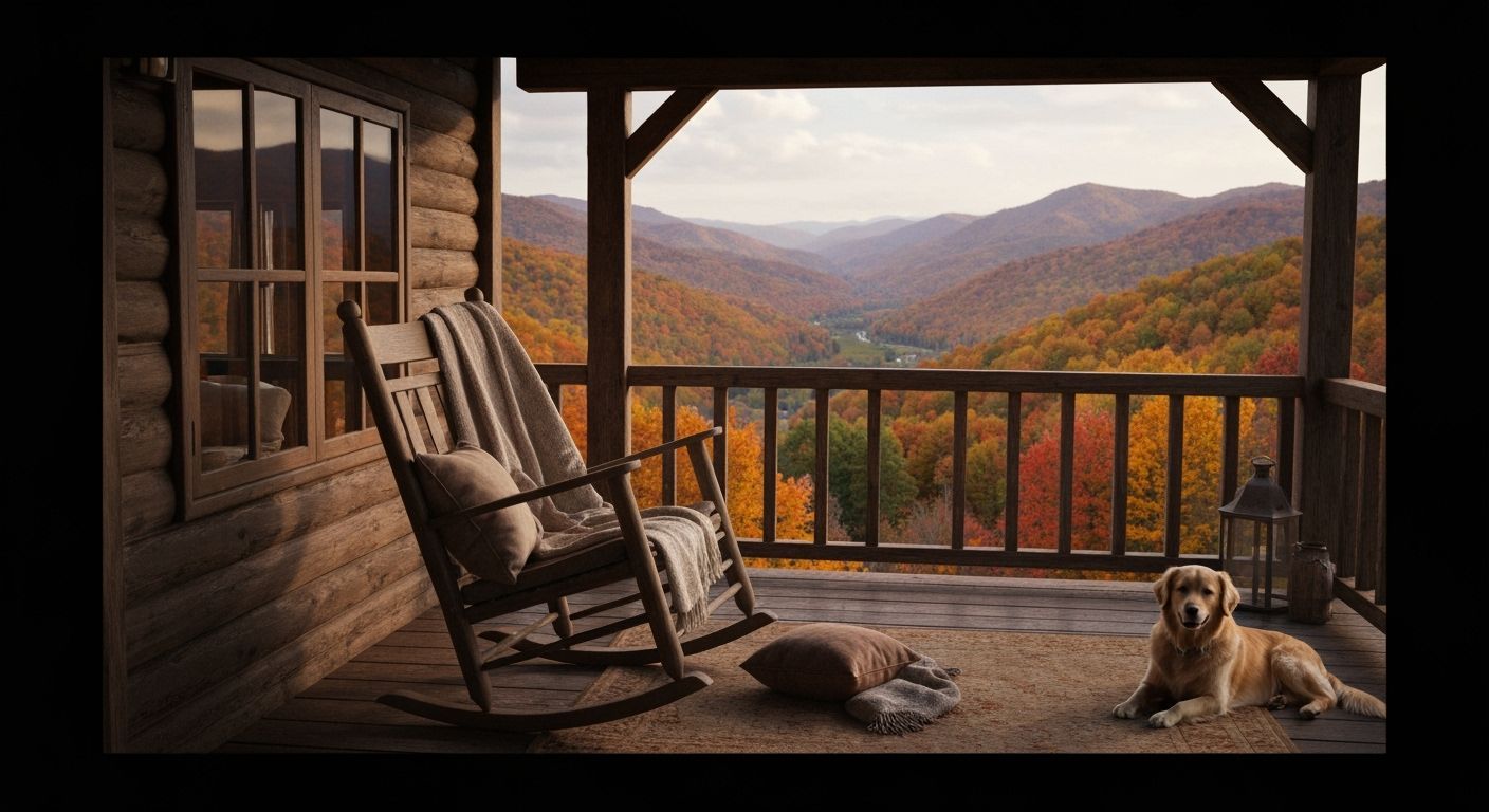 Cozy Cabin Porch with Golden Retriever in Autumn