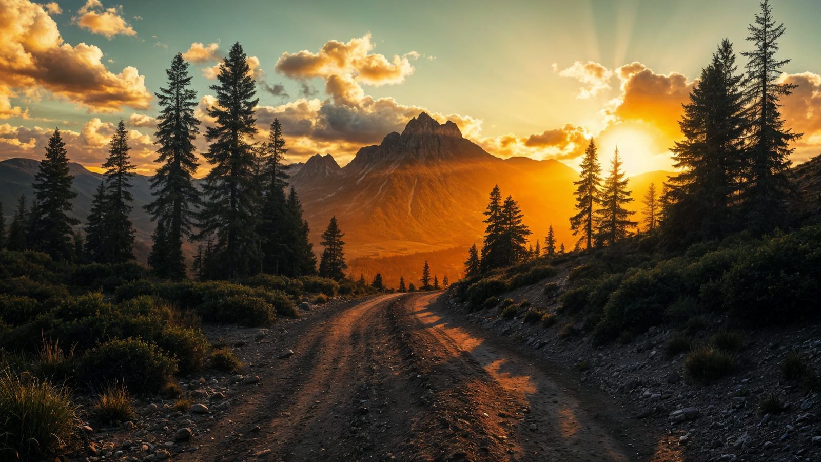 Photorealistic Old Trail Landscape with Evening Lights