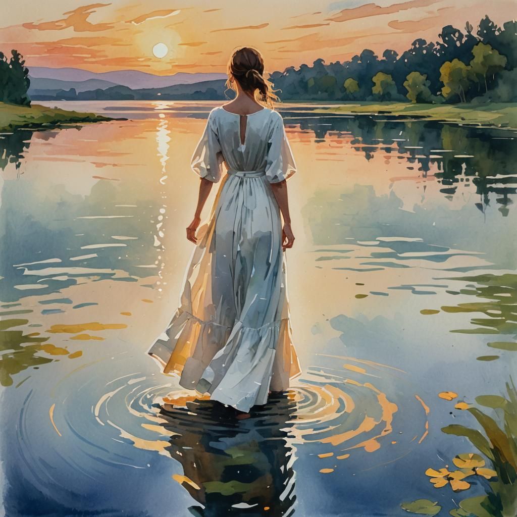 Impressionist Gouache Masterpiece of Woman at Sunset