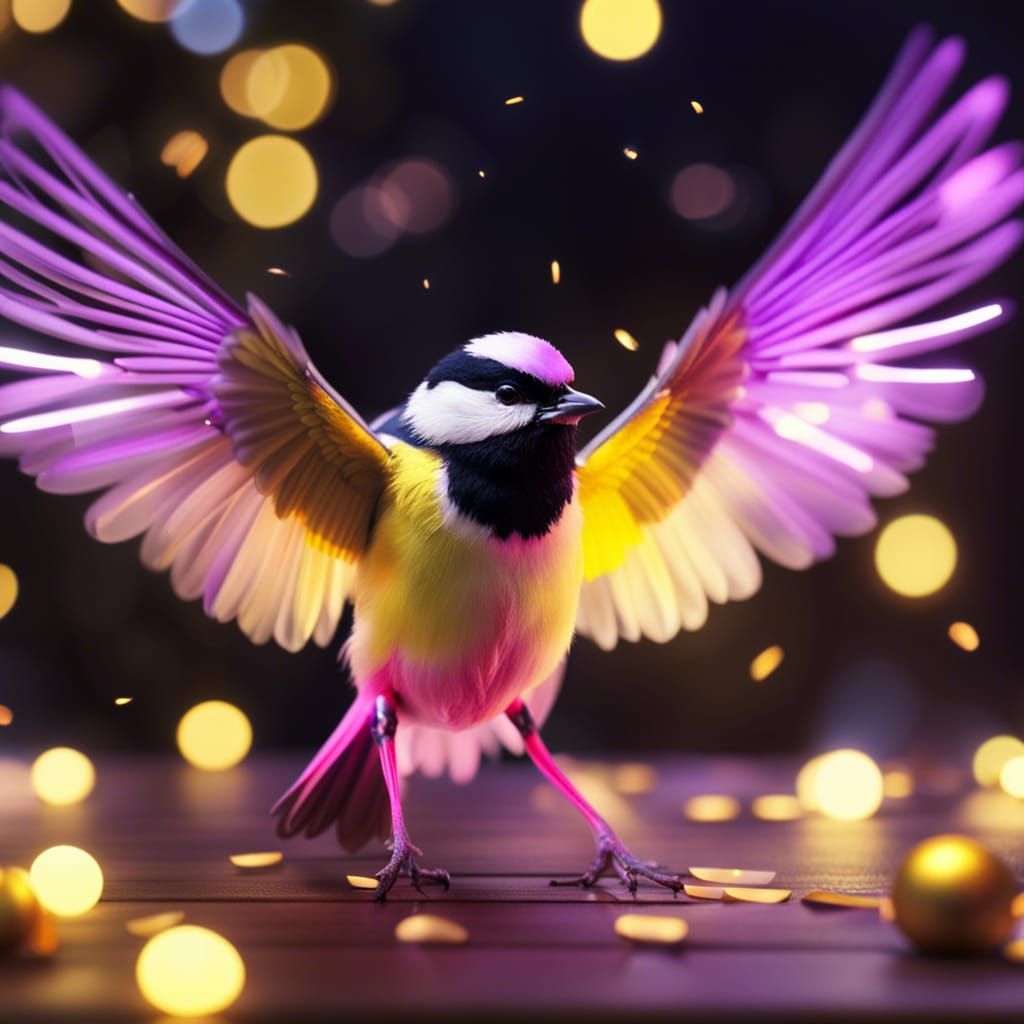 Colorful Chickadee Among Christmas Lights, Hyper-Realistic