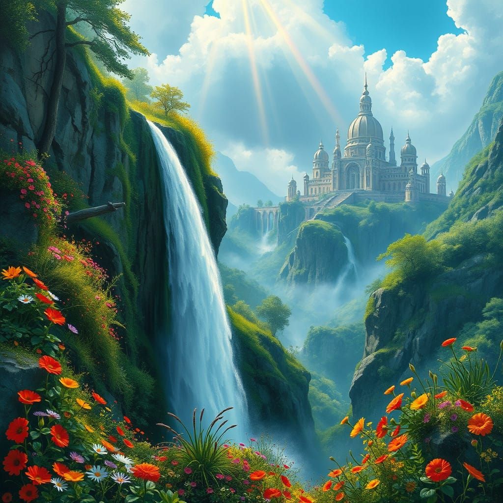 Surreal Waterfall Landscape in Gouache Style with Impasto Br...