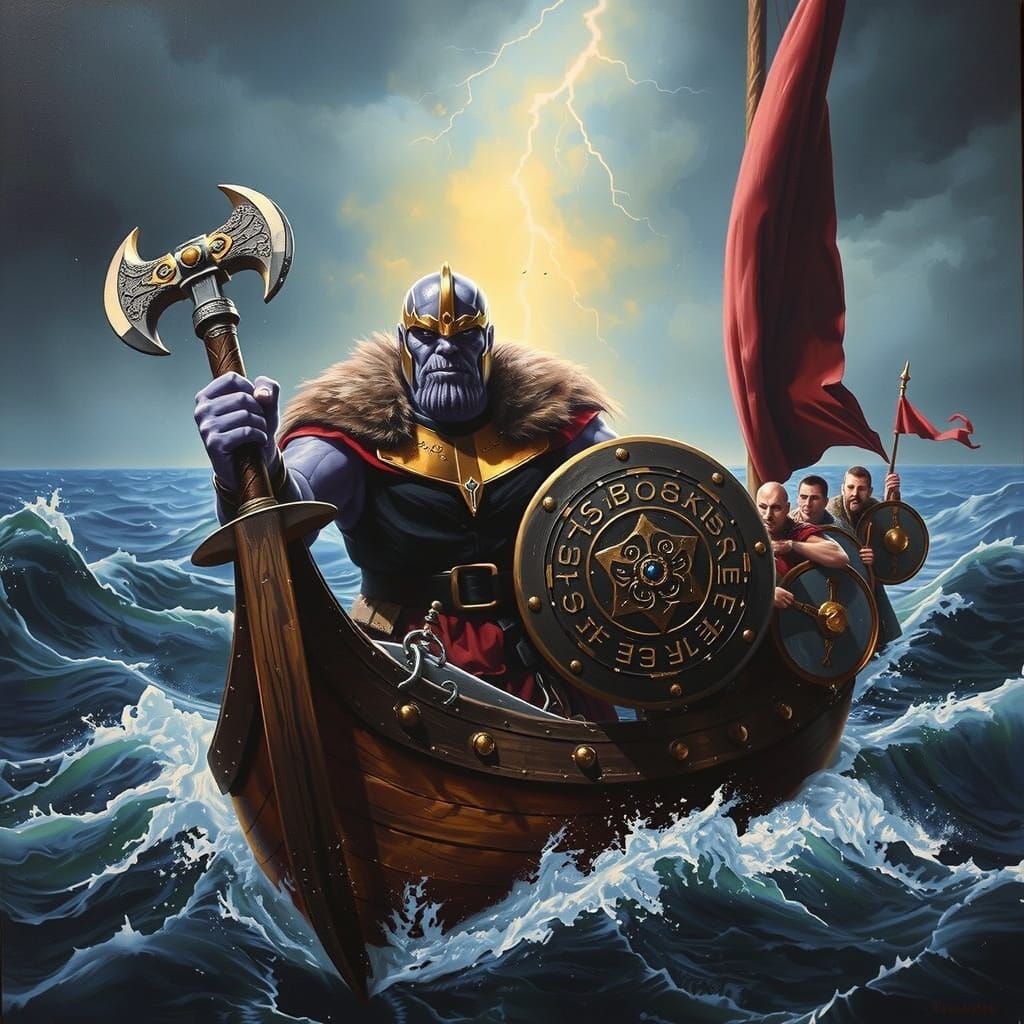 Viking Warlord Thanos in a Stormy Ocean Landscape