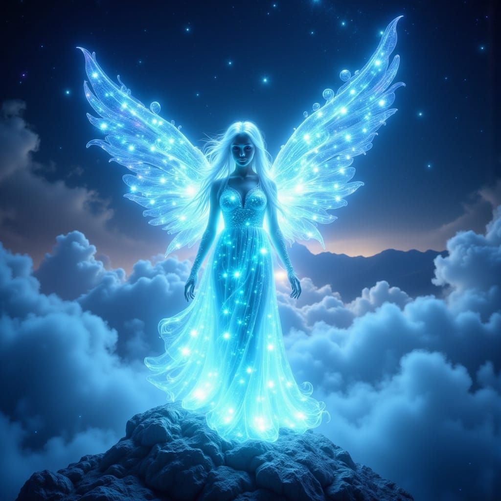 Bioluminescent Glass Angel on Misty Mountain