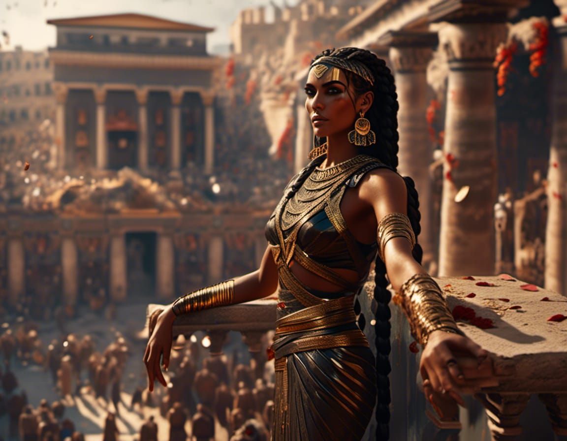 Roman Woman Waves From Balcony in Matte Painting
