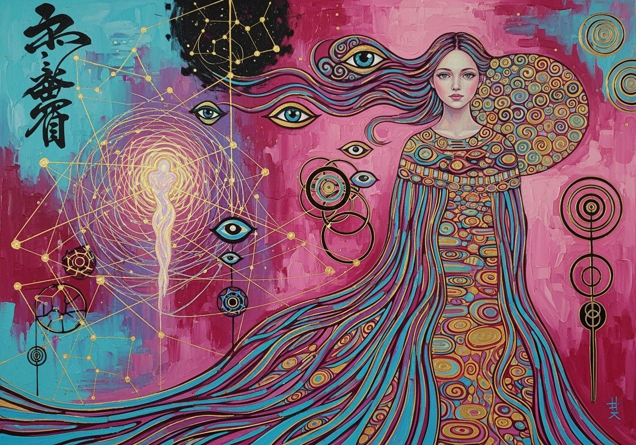 Dream Guardian Girl in Fuschia Hues, Klimt Style Painting