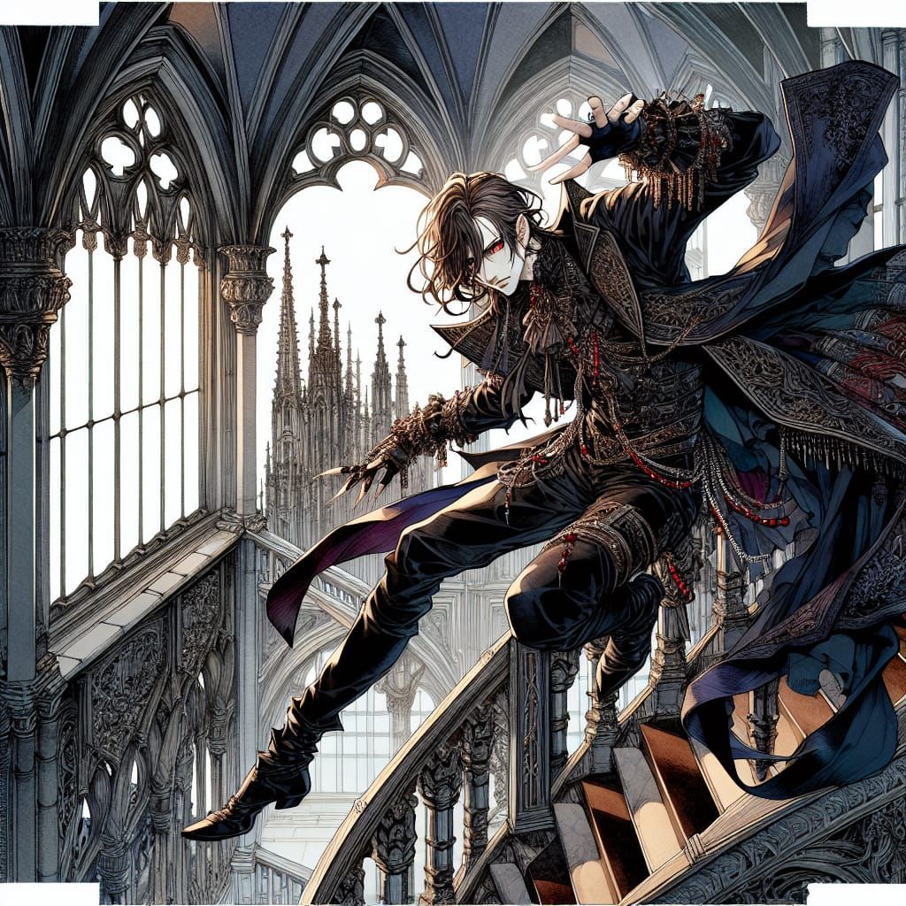 Vampire Ascends Gothic Walls in Anime Ink and Watercolor Sty...