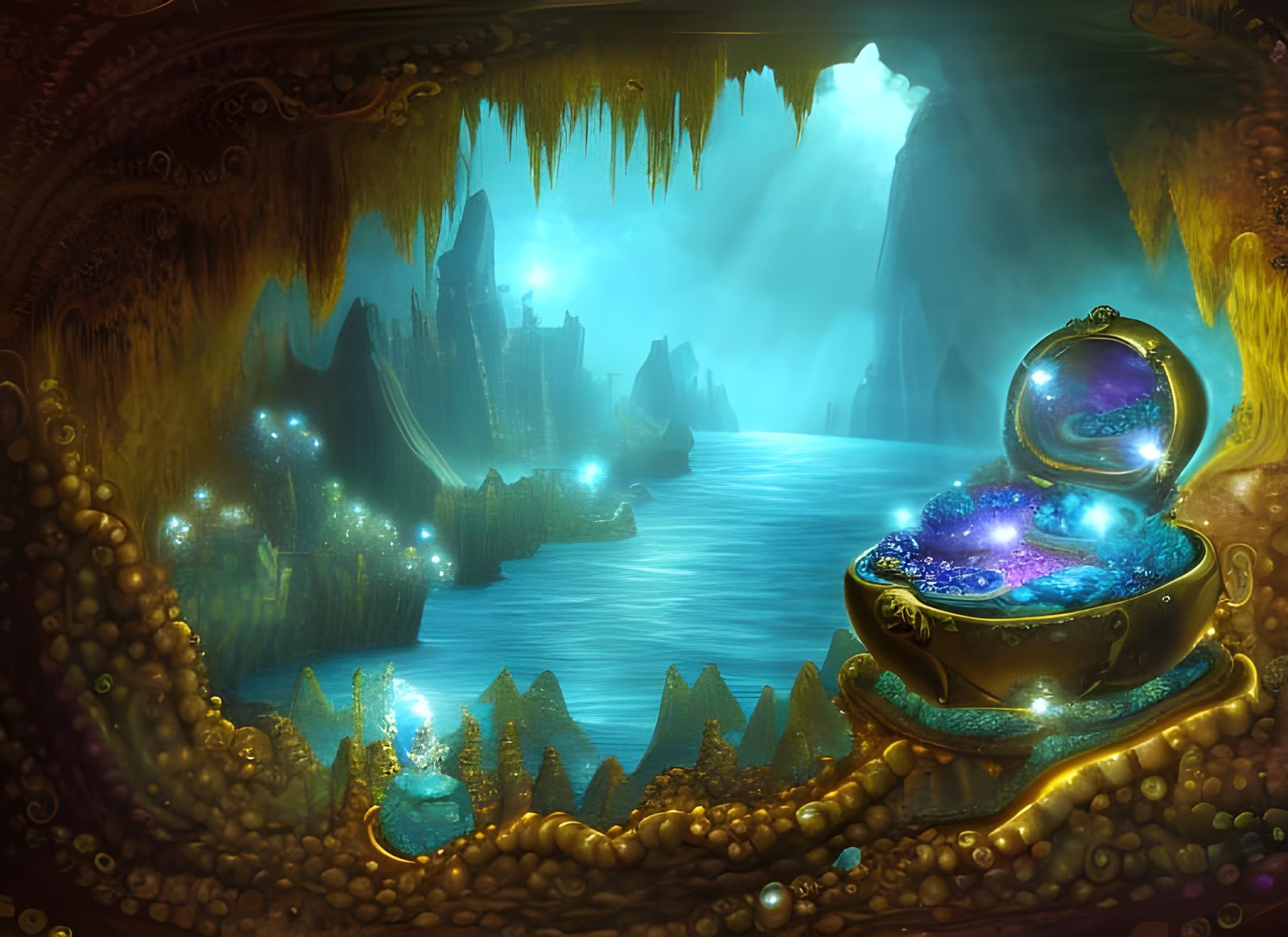 Magical Cave with Pirate Treasure and Floating Crystals