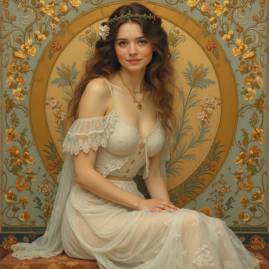 Elegant Woman in Peach Dress, Art Nouveau Style