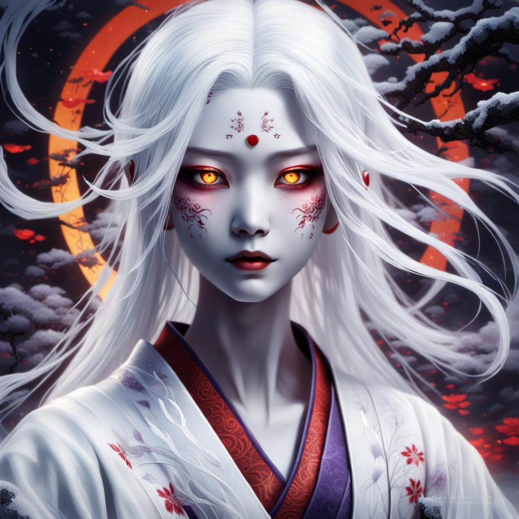 Ethereal Yuki onna Yokai in Deep Purple Hues