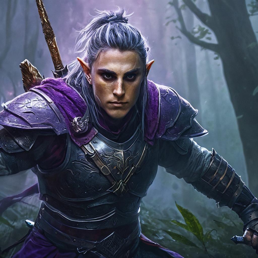 elf warrior, battling in forest