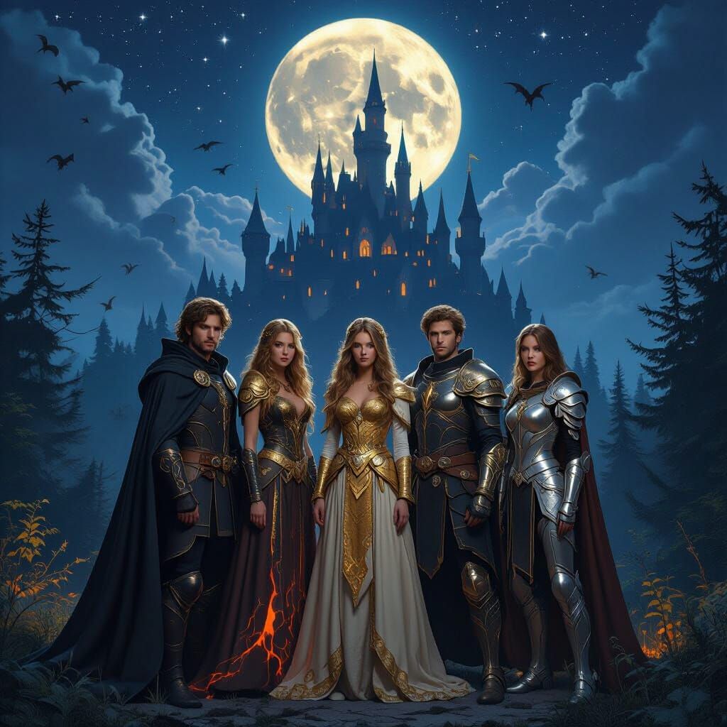 Mystical Forest Scene with Dragons and Castle