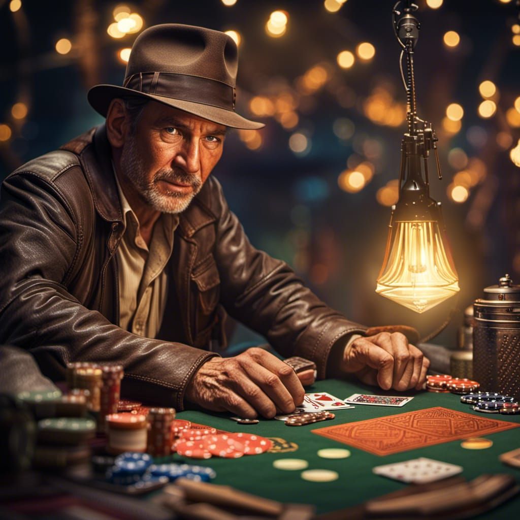 Indiana Jones at a Magical Poker Game