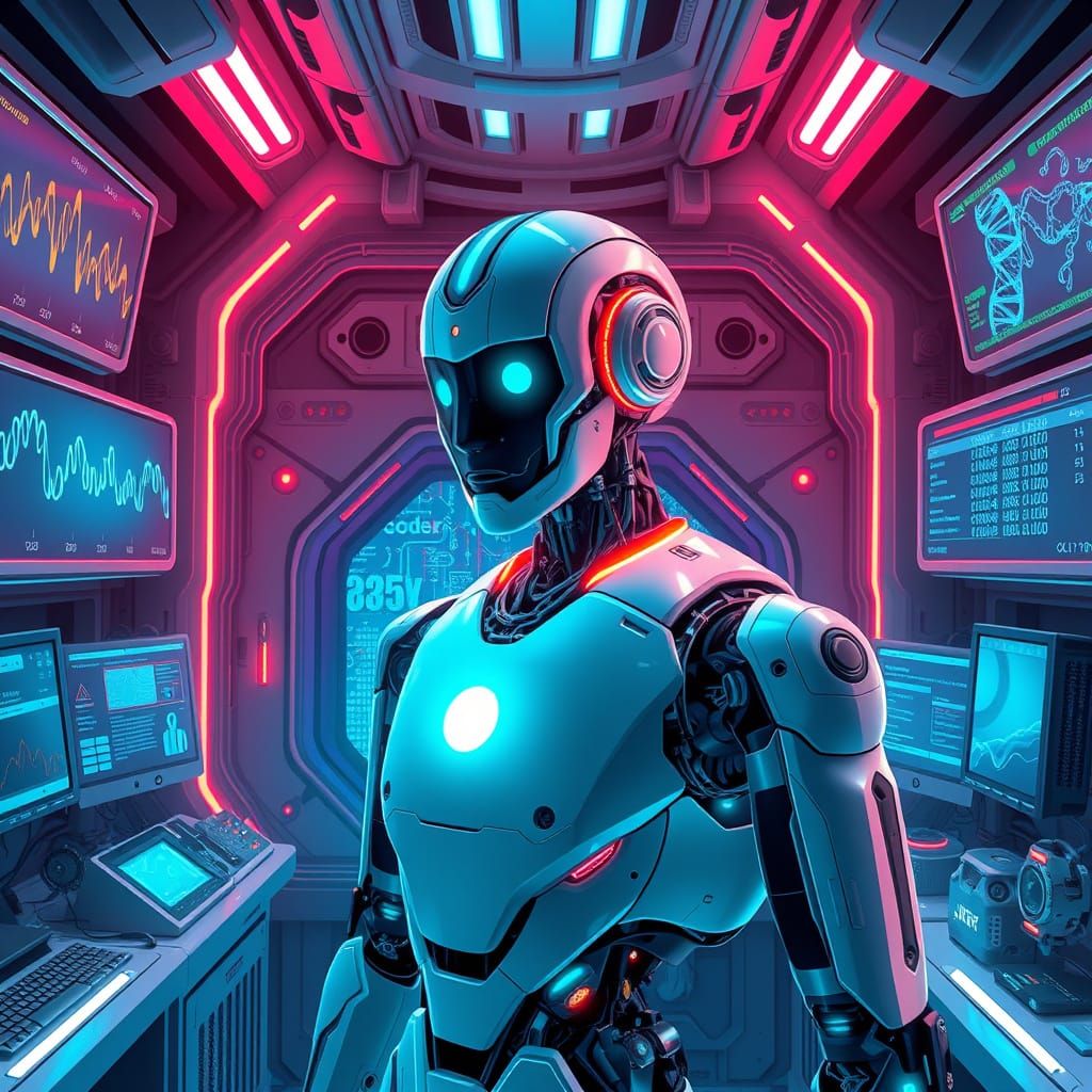 Robotic Figure in Futuristic Lab: Digital Art
