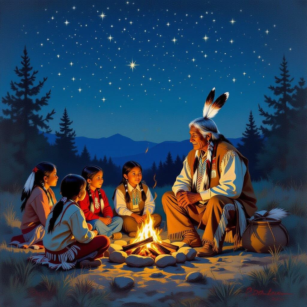 Native American Children Around Campfire, Rockwell Style
